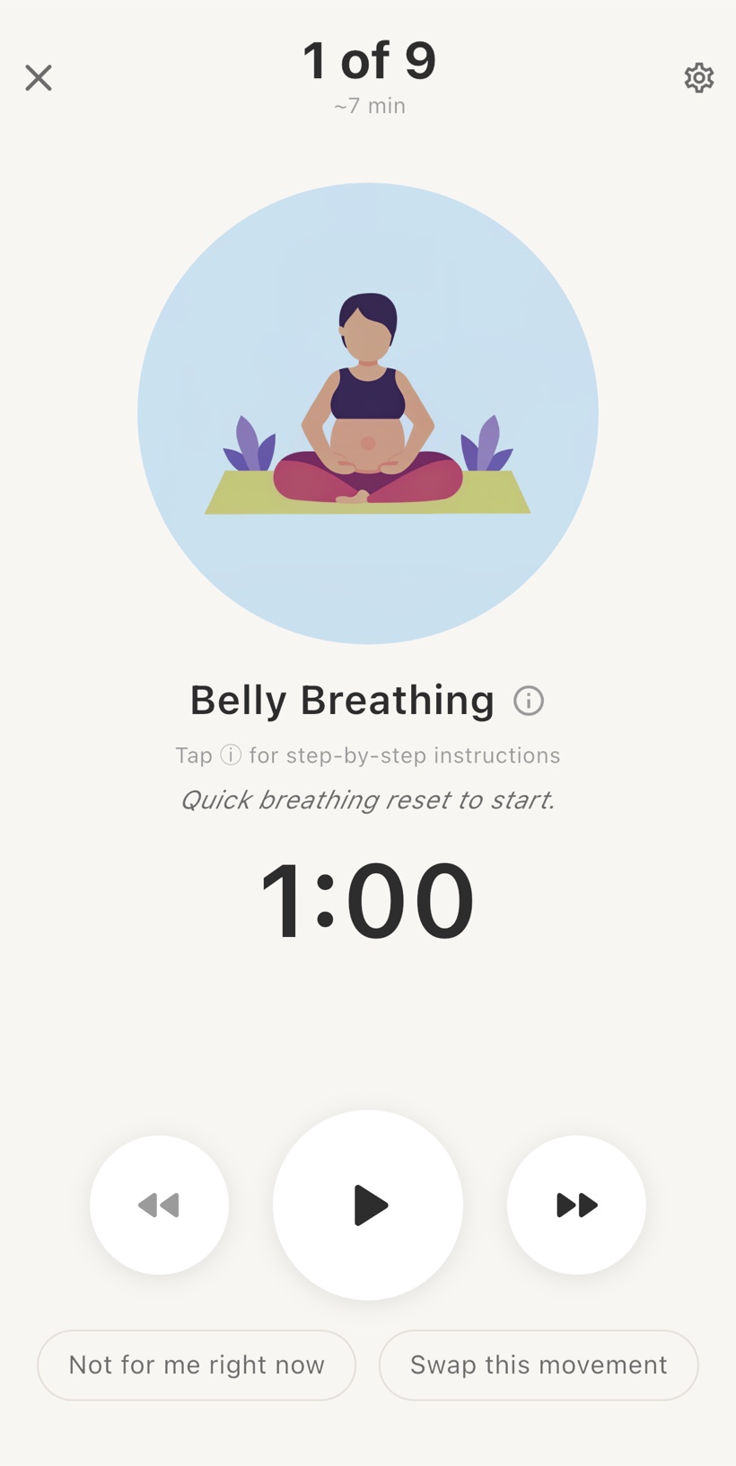 The movement player: one movement at a time, with a calm timer and gentle controls