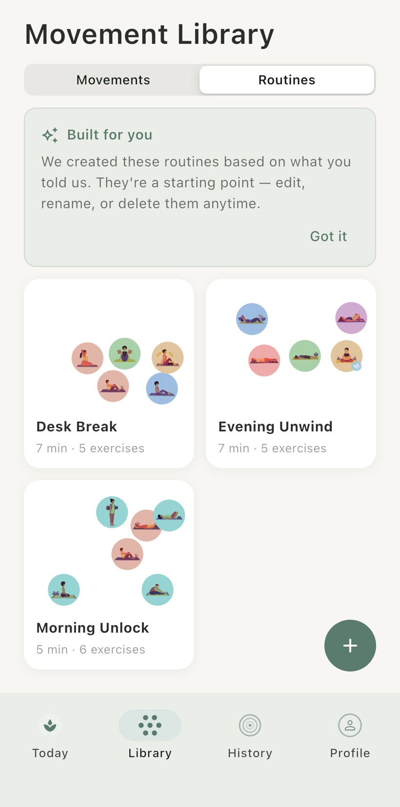 The Movement Library, with built-in routines like Morning Unlock, Desk Break, and Evening Unwind